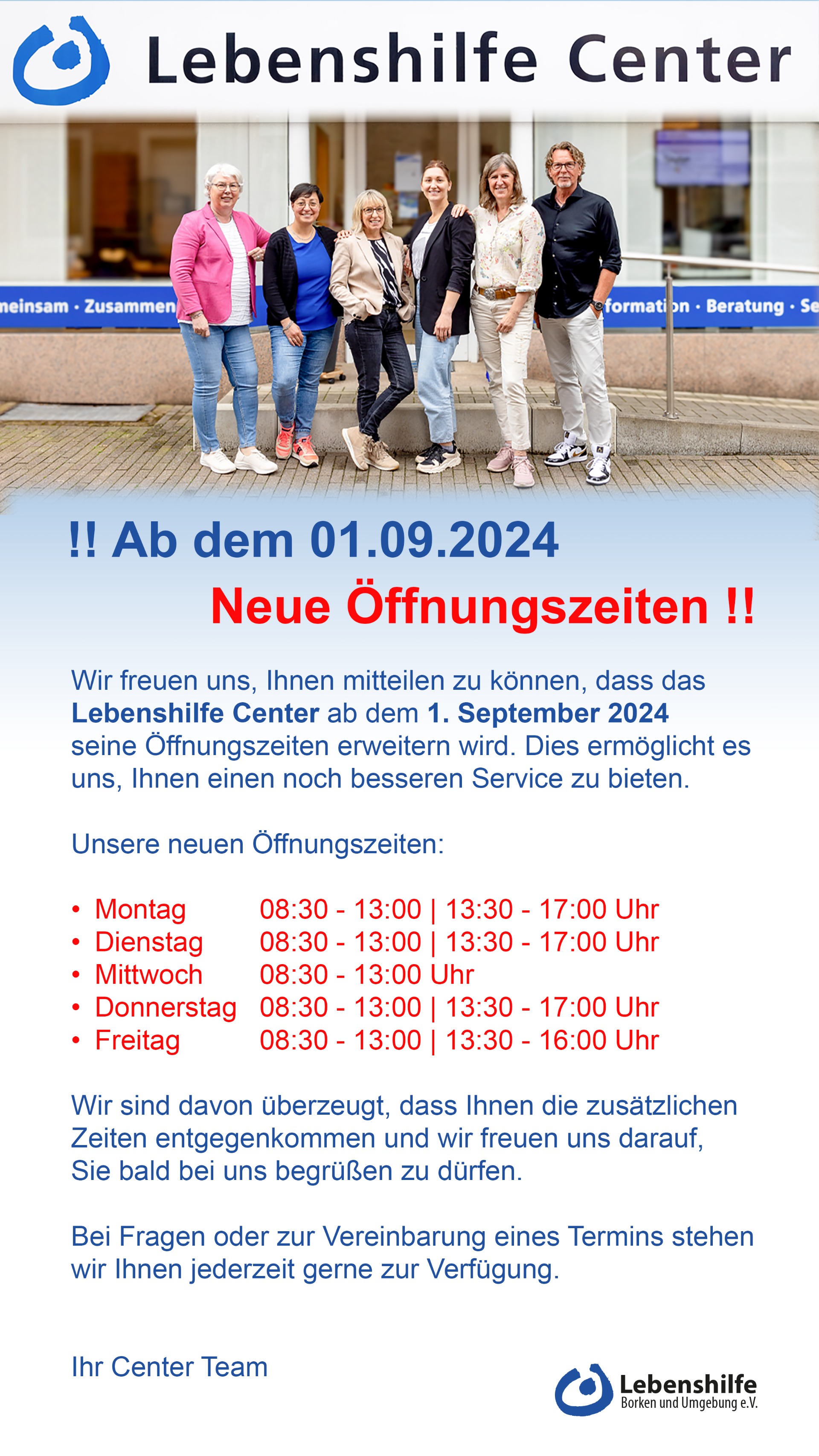 Ab dem 01.09.2024 Neue Center Öffnungszeiten Lebenshilfe für